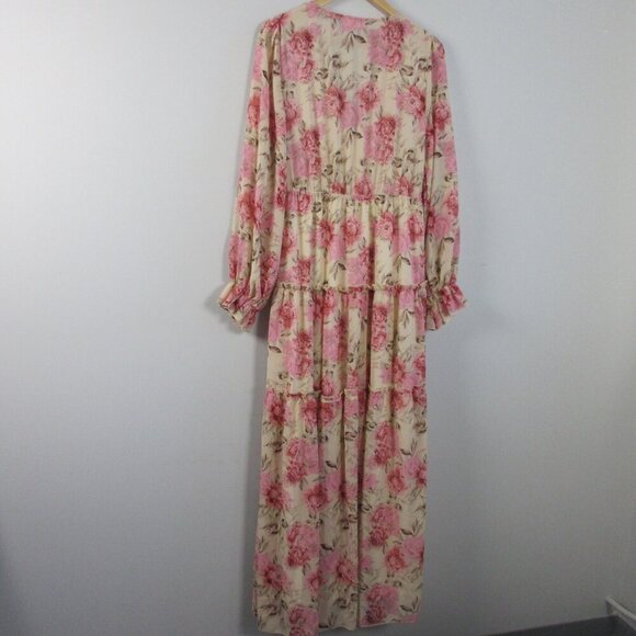 eeSome Ruffle Maxi Dress M Pink Floral Tiered V Neck Long Sleeve Beach Boho 558 - Picture 2 of 10